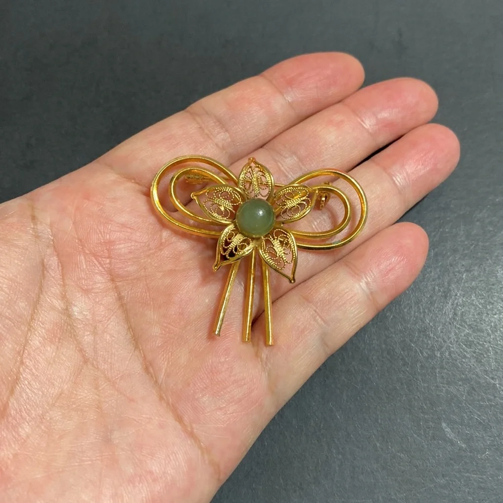 🖤Vtg💕Jade flower ribbon brooch - Picture 11 of 11
